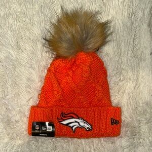 New Era Orange Knit Beanie with Faux Fur Pom-Pom